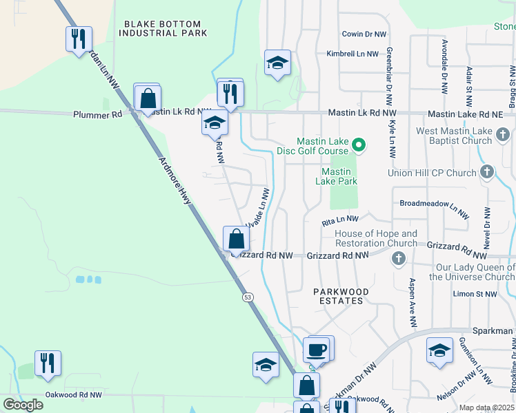 map of restaurants, bars, coffee shops, grocery stores, and more near 3213 Uvalde Lane Northwest in Huntsville