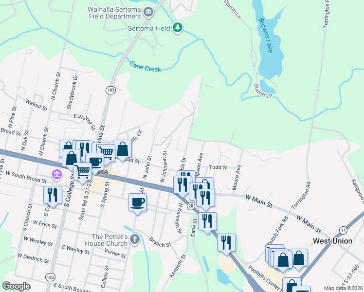 map of restaurants, bars, coffee shops, grocery stores, and more near 112 Franks Drive in Walhalla