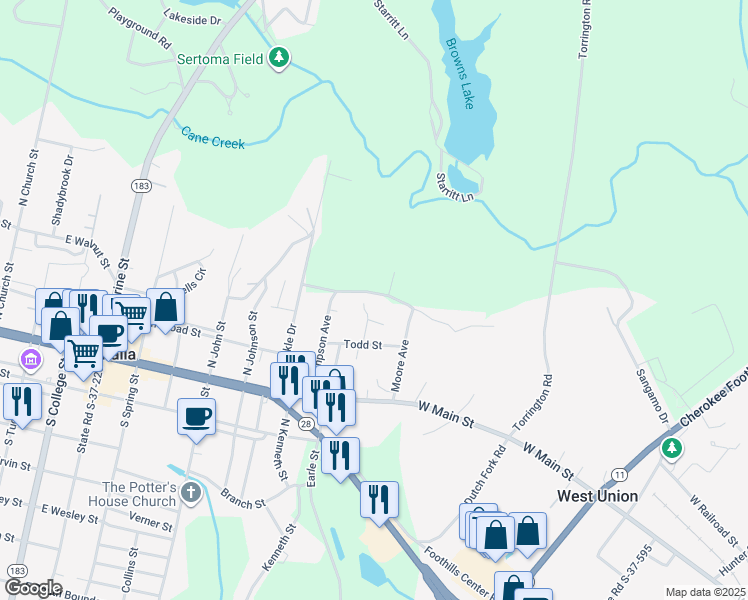 map of restaurants, bars, coffee shops, grocery stores, and more near 227 Moore Avenue in Walhalla