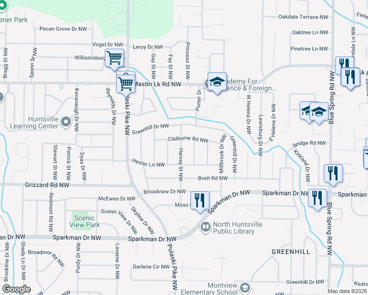 map of restaurants, bars, coffee shops, grocery stores, and more near 3212 Harvey Street Northwest in Huntsville