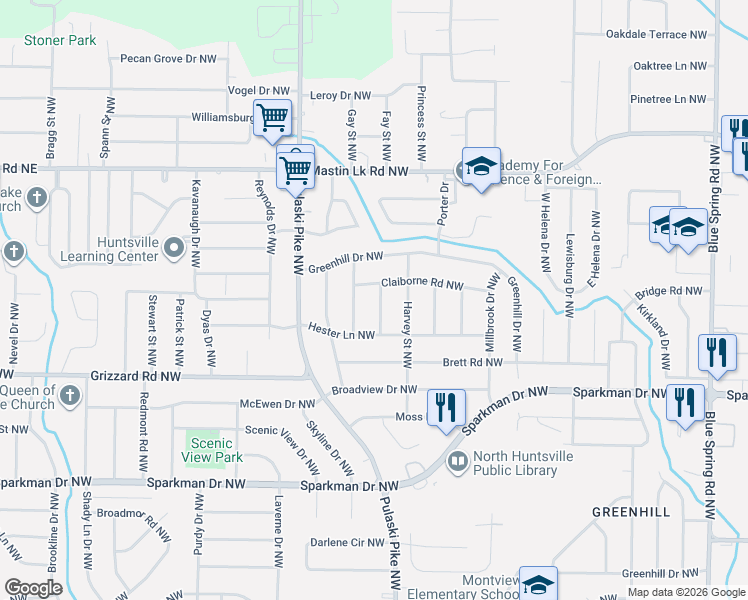 map of restaurants, bars, coffee shops, grocery stores, and more near 3208 Sweetbriar Road Northwest in Huntsville