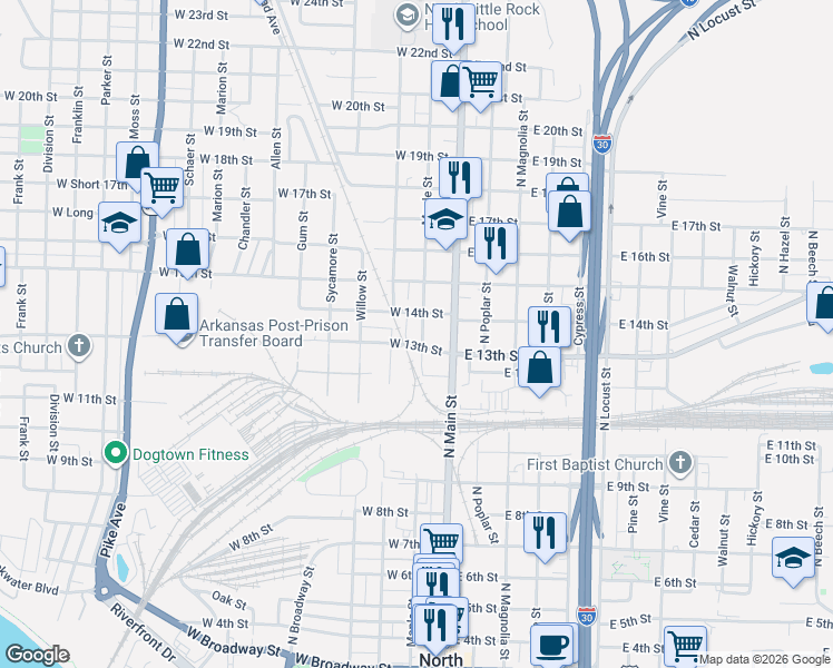 map of restaurants, bars, coffee shops, grocery stores, and more near 16 West 14th Street in North Little Rock