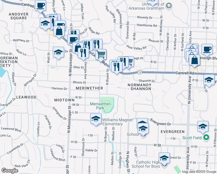 map of restaurants, bars, coffee shops, grocery stores, and more near 1601 North Bryant Street in Little Rock