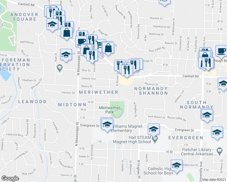map of restaurants, bars, coffee shops, grocery stores, and more near 1616 North Bryant Street in Little Rock