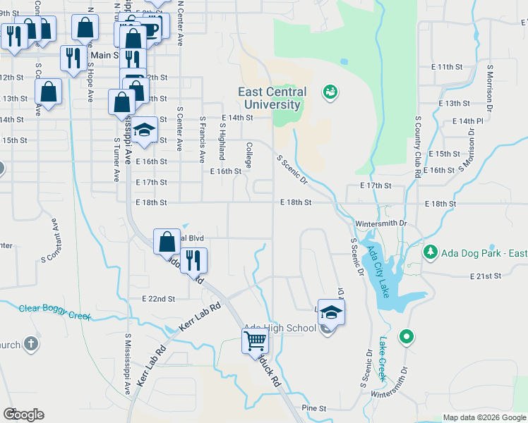 map of restaurants, bars, coffee shops, grocery stores, and more near 801 South Stadium Drive in Ada