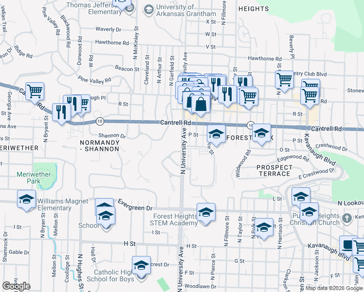 map of restaurants, bars, coffee shops, grocery stores, and more near 1640 North University Avenue in Little Rock
