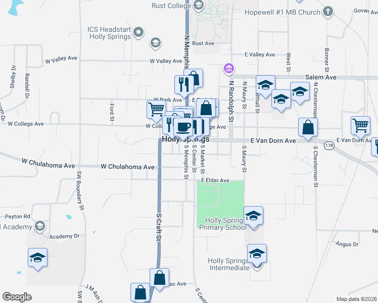 map of restaurants, bars, coffee shops, grocery stores, and more near in Holly Springs