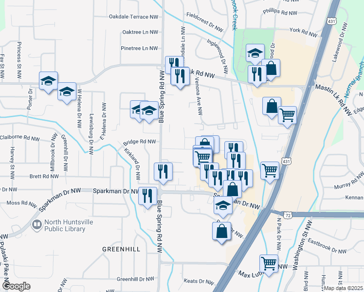 map of restaurants, bars, coffee shops, grocery stores, and more near 3201 Yale Circle Northwest in Huntsville