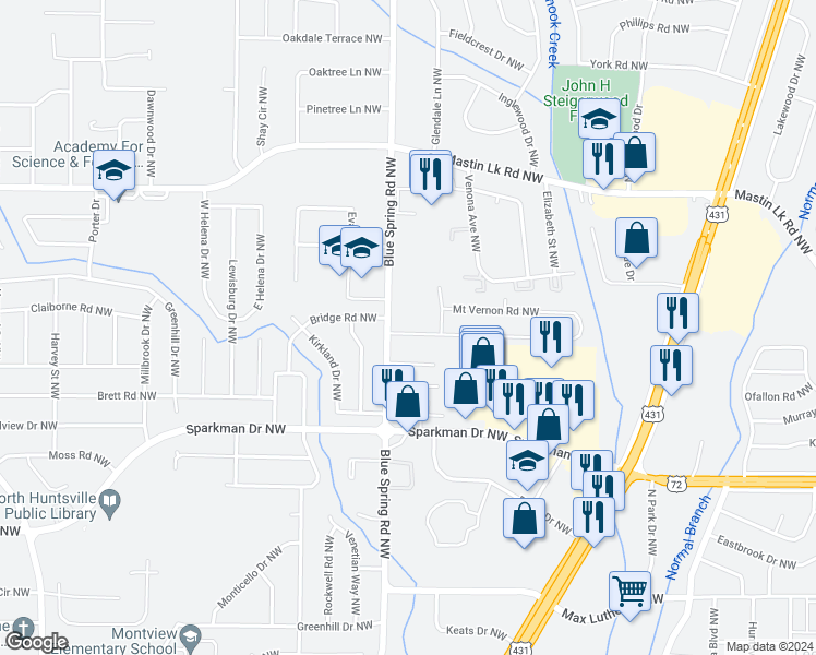 map of restaurants, bars, coffee shops, grocery stores, and more near 2510 Mount Vernon Road Northwest in Huntsville