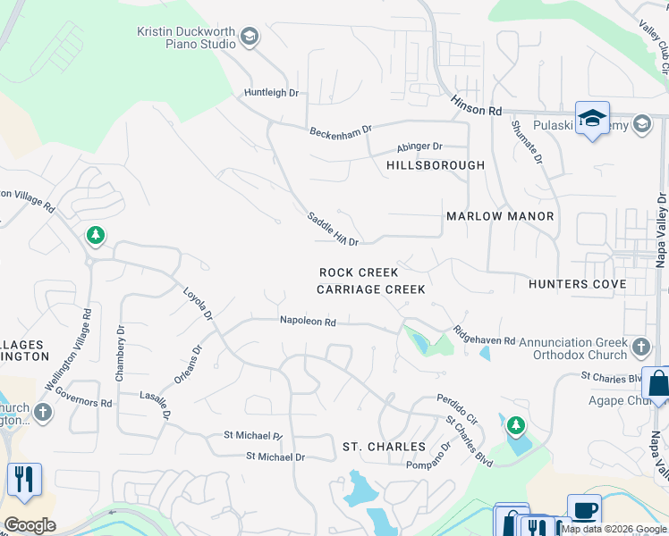 map of restaurants, bars, coffee shops, grocery stores, and more near 13504 Ridgehaven Road in Little Rock