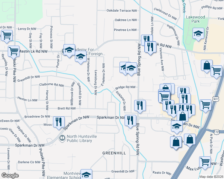 map of restaurants, bars, coffee shops, grocery stores, and more near 2622 Bridge Road Northwest in Huntsville