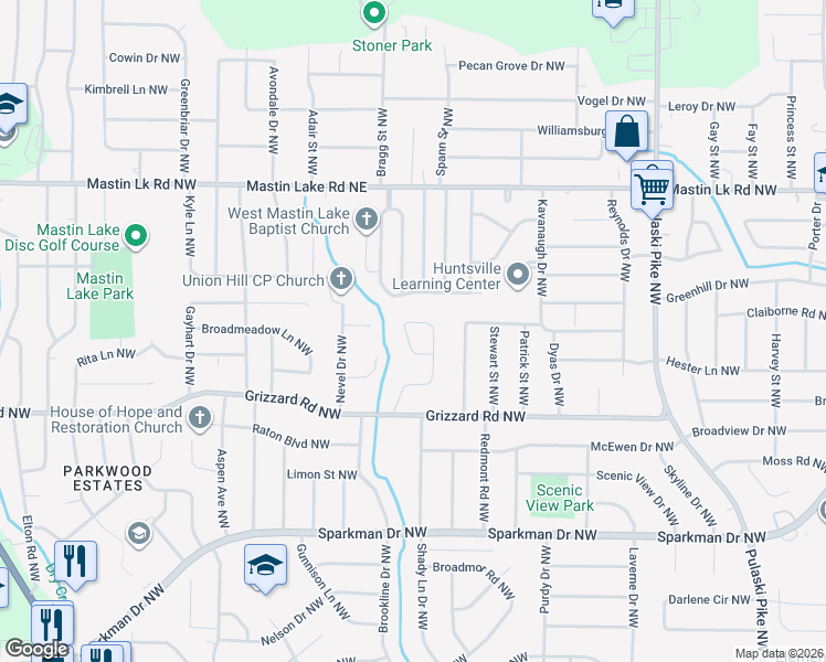 map of restaurants, bars, coffee shops, grocery stores, and more near 3130 Cumbres Circle Northwest in Huntsville