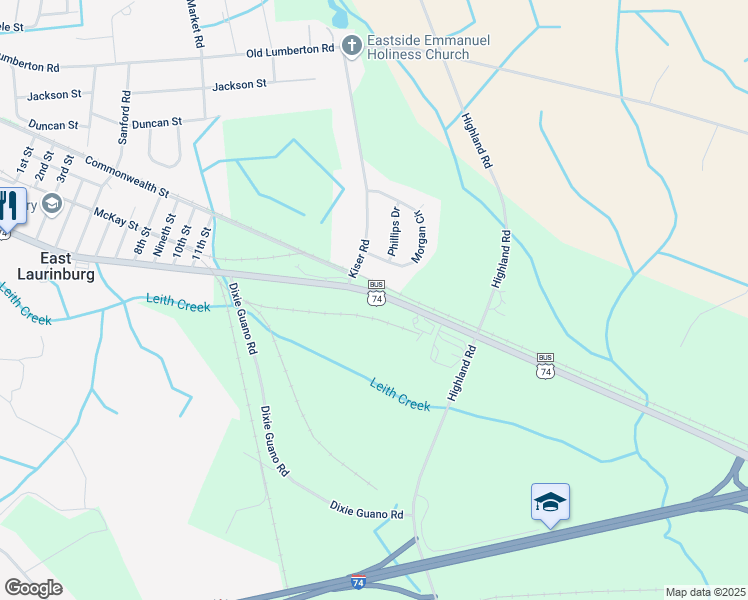 map of restaurants, bars, coffee shops, grocery stores, and more near in Laurinburg