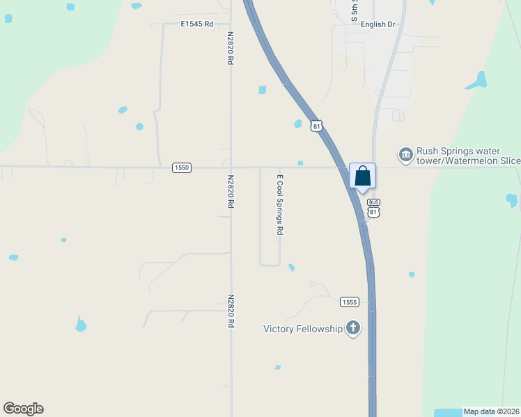 map of restaurants, bars, coffee shops, grocery stores, and more near 112 West Cool Springs Road in Rush Springs