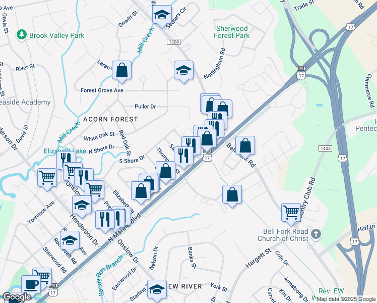 map of restaurants, bars, coffee shops, grocery stores, and more near 109 Moosehart Avenue in Jacksonville