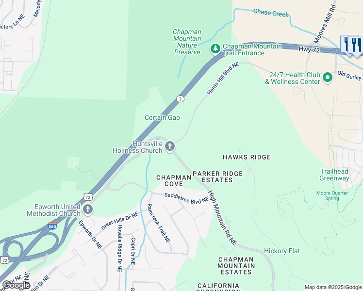 map of restaurants, bars, coffee shops, grocery stores, and more near 4250 High Mountain Road Northeast in Huntsville
