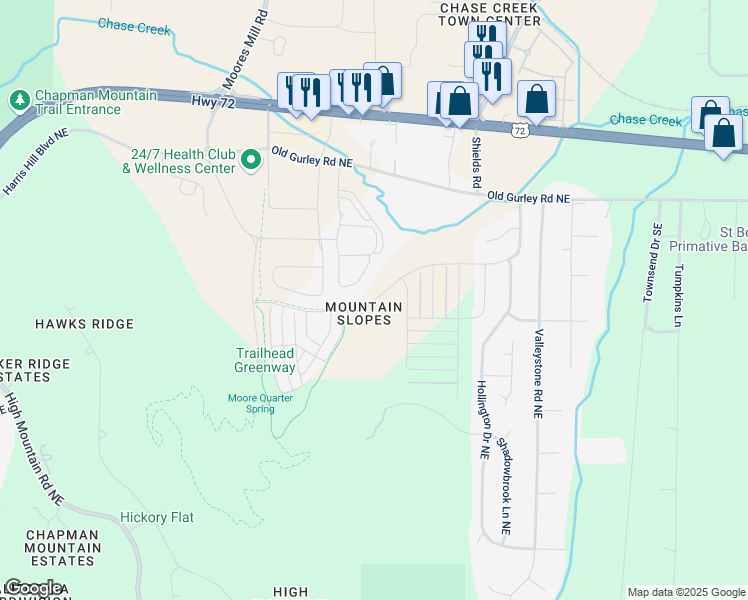 map of restaurants, bars, coffee shops, grocery stores, and more near Barkwood Drive in Huntsville