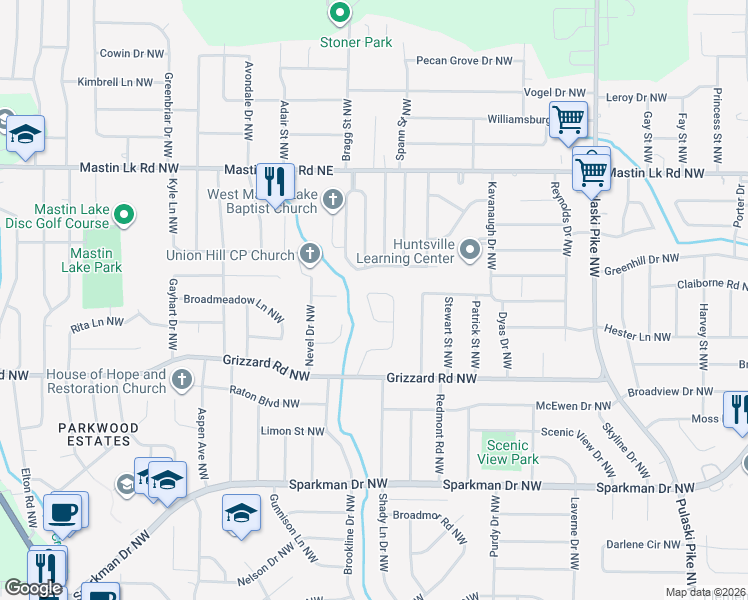 map of restaurants, bars, coffee shops, grocery stores, and more near 3130 Cumbres Circle Northwest in Huntsville