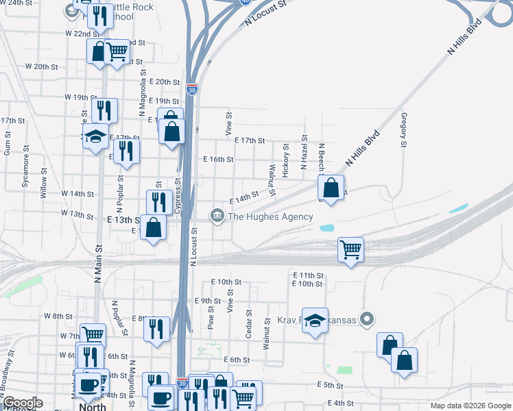 map of restaurants, bars, coffee shops, grocery stores, and more near 824 East 14th Street in North Little Rock