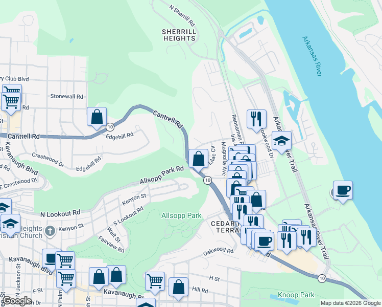 map of restaurants, bars, coffee shops, grocery stores, and more near 1700 Lilac Circle in Little Rock