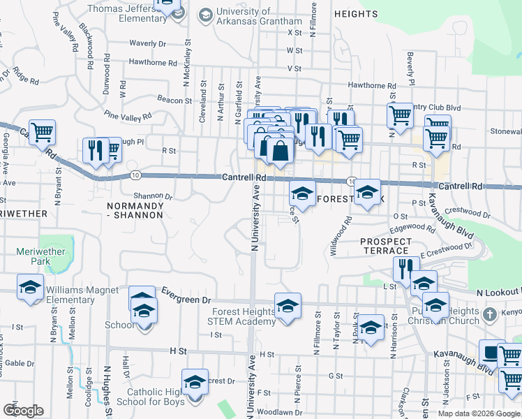 map of restaurants, bars, coffee shops, grocery stores, and more near 1600 North Grant Street in Little Rock