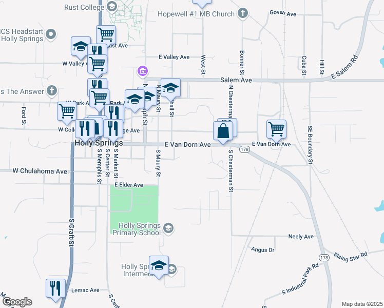 map of restaurants, bars, coffee shops, grocery stores, and more near 327-399 E Van Dorn Ave in Holly Springs