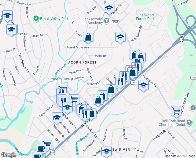 map of restaurants, bars, coffee shops, grocery stores, and more near 111 Red Oak Street in Jacksonville