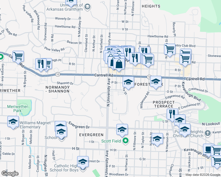map of restaurants, bars, coffee shops, grocery stores, and more near 1600 North Grant Street in Little Rock