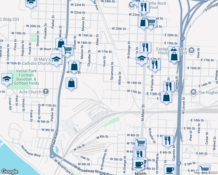 map of restaurants, bars, coffee shops, grocery stores, and more near 1305 Sycamore Street in North Little Rock