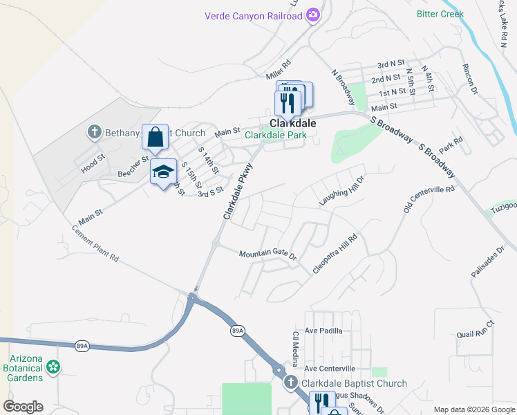 map of restaurants, bars, coffee shops, grocery stores, and more near 786 Flat Iron Road in Clarkdale