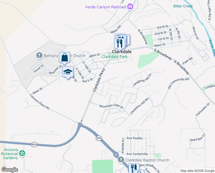 map of restaurants, bars, coffee shops, grocery stores, and more near 786 Flat Iron Road in Clarkdale