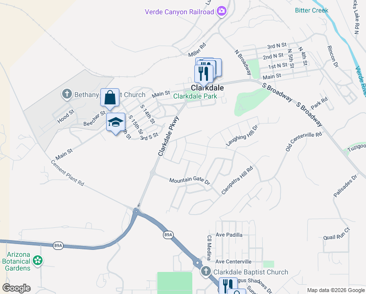 map of restaurants, bars, coffee shops, grocery stores, and more near 786 Flat Iron Road in Clarkdale