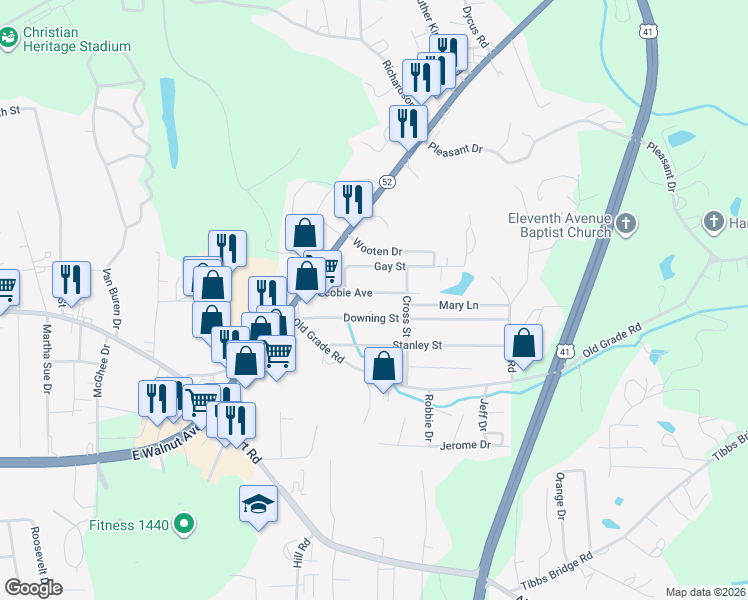 map of restaurants, bars, coffee shops, grocery stores, and more near 210 Scobie Avenue in Dalton