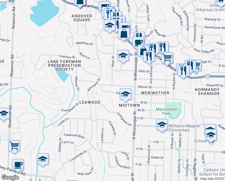 map of restaurants, bars, coffee shops, grocery stores, and more near 7813 Illinois Street in Little Rock