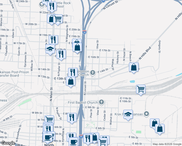 map of restaurants, bars, coffee shops, grocery stores, and more near 612 East 14th Street in North Little Rock