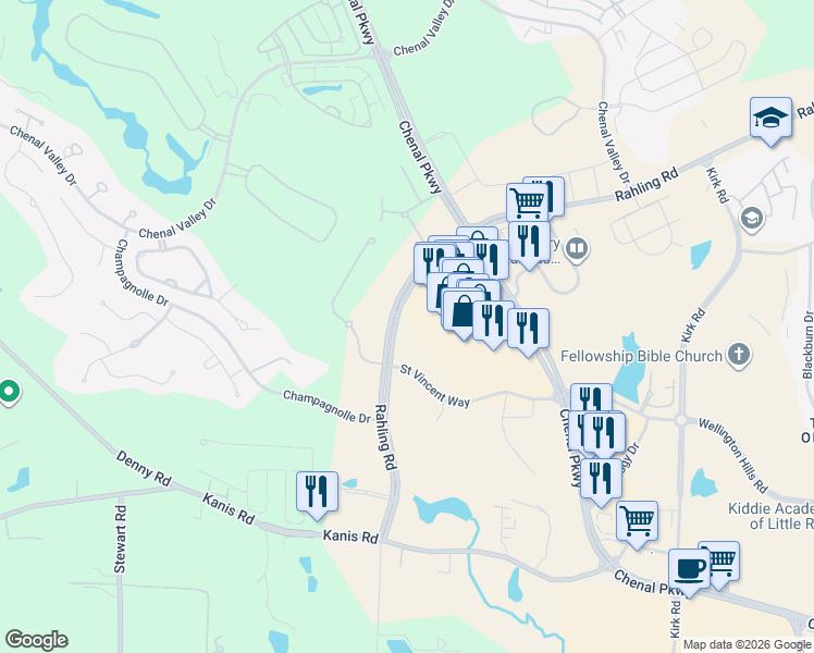 map of restaurants, bars, coffee shops, grocery stores, and more near Rahling Road in Little Rock