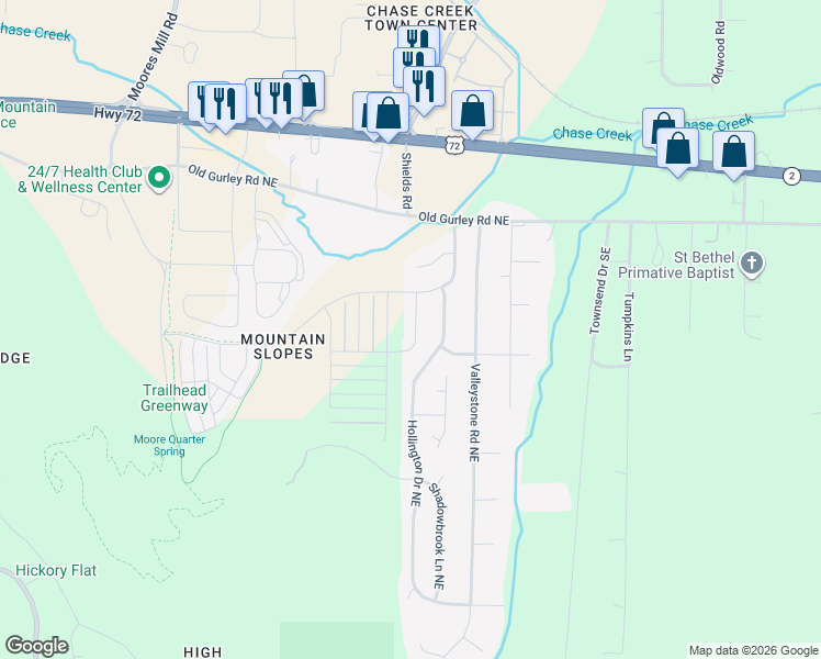 map of restaurants, bars, coffee shops, grocery stores, and more near 110 Bridgestone Drive Northeast in Huntsville