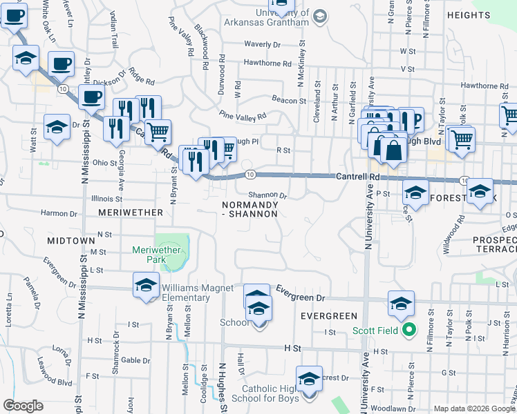 map of restaurants, bars, coffee shops, grocery stores, and more near 1 Broadview Drive in Little Rock