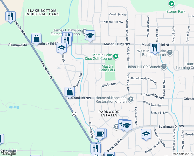 map of restaurants, bars, coffee shops, grocery stores, and more near 3200 Clifford Road Northwest in Huntsville