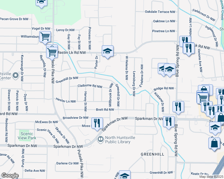 map of restaurants, bars, coffee shops, grocery stores, and more near 3210 Millbrook Drive Northwest in Huntsville
