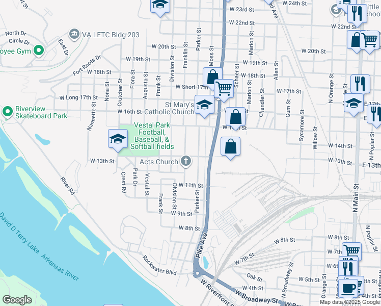 map of restaurants, bars, coffee shops, grocery stores, and more near 1308 Franklin Street in North Little Rock
