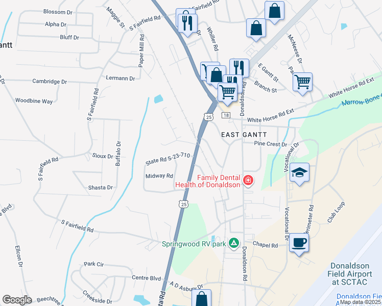 map of restaurants, bars, coffee shops, grocery stores, and more near 6416 Augusta Road in Greenville