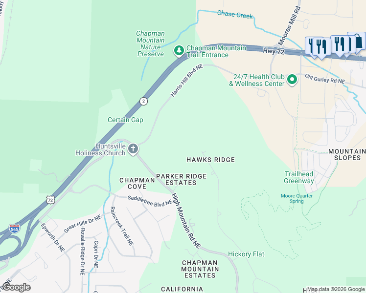 map of restaurants, bars, coffee shops, grocery stores, and more near 4015 Hawks Way NE in Huntsville