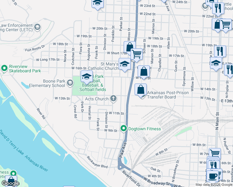 map of restaurants, bars, coffee shops, grocery stores, and more near 1308 Franklin Street in North Little Rock