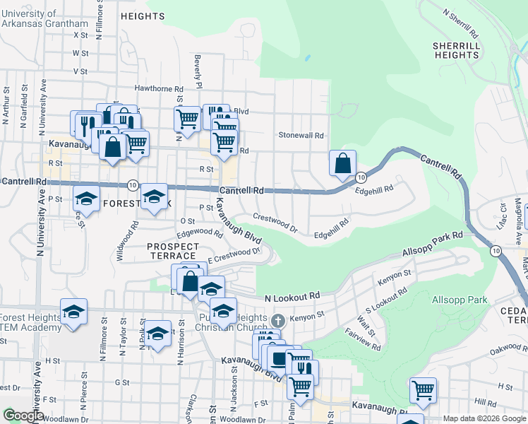 map of restaurants, bars, coffee shops, grocery stores, and more near 1714 North Spruce Street in Little Rock