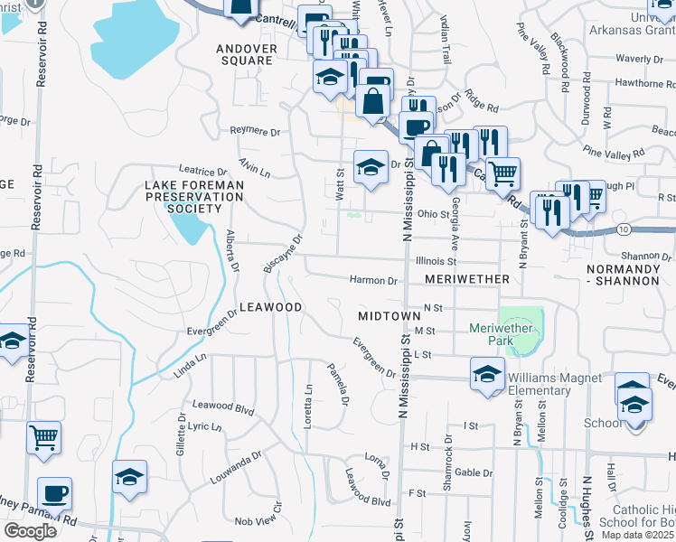 map of restaurants, bars, coffee shops, grocery stores, and more near 7813 Illinois Street in Little Rock