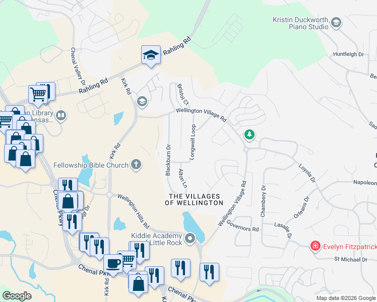 map of restaurants, bars, coffee shops, grocery stores, and more near 24 Longwell Loop in Little Rock