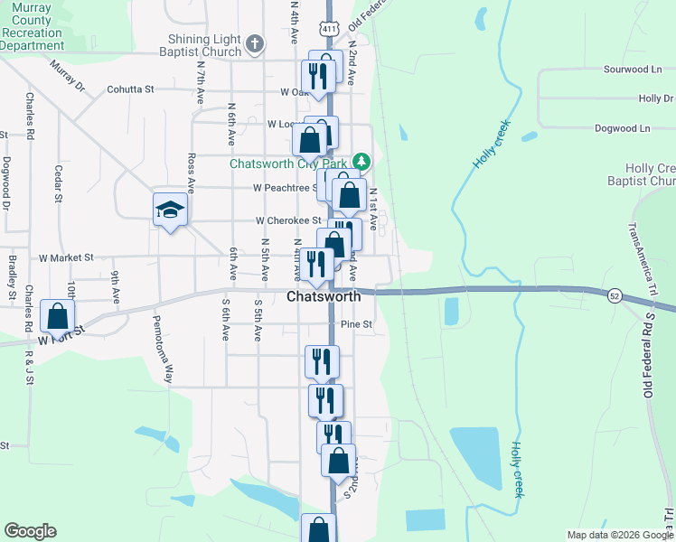 map of restaurants, bars, coffee shops, grocery stores, and more near 116 North 3rd Avenue in Chatsworth