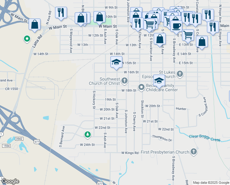 map of restaurants, bars, coffee shops, grocery stores, and more near 601 West 18th Street in Ada