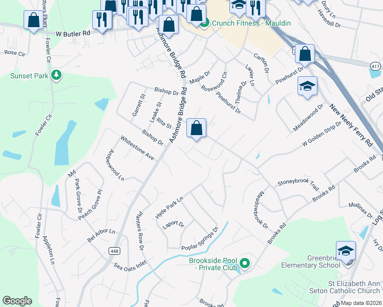 map of restaurants, bars, coffee shops, grocery stores, and more near 204 Adams Mill Road in Mauldin